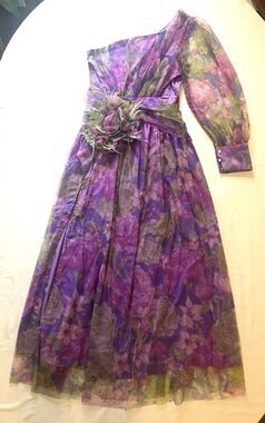 Floral One Shoulder Maxi Dress 4 S Purple Chiffon Rosette Boutique Retro Glam